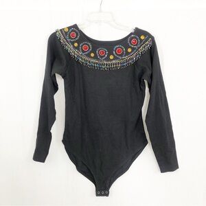 NEW Bonnie Evans Vintage Y2K Embellished Bodysuit, Size Large, Black